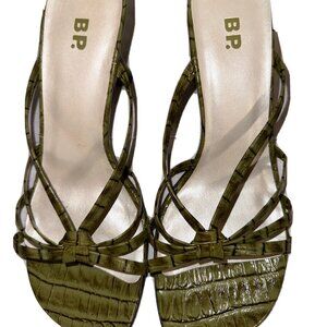 BP. Green Mix Slip-on Open Toe Strappy Women's Block Heel Size 6M Leather